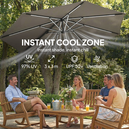 Outsunny 3 m Garden Cantilever Parasol with LED Solar Light, Round Overhanging Umbrella with 360Â° Rotation, Cover, Grey