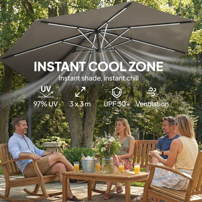Outsunny 3 m Garden Cantilever Parasol with LED Solar Light, Round Overhanging Umbrella with 360 degrees Rotation, Cover, Grey