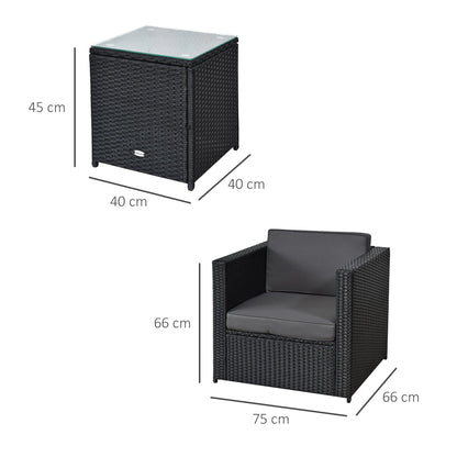 طقم بيسترو من الروطان مكون من 3 قطع من Outsunny، طقم أثاث حديقة من الخيزران مع طاولة قهوة وكراسي ذات سطح زجاجي، وسائد سميكة قابلة للغسل للاستخدام في الهواء الطلق والفناء والشرفة، باللون الأسود