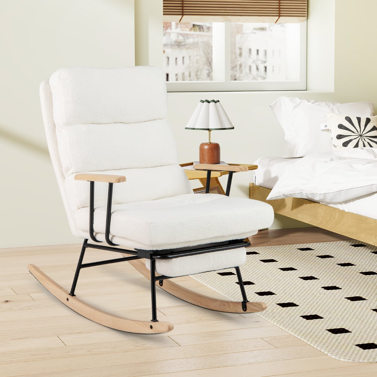 Nursery Rocking Chair Teddy Velvet Upholstered Rocking Chair-White