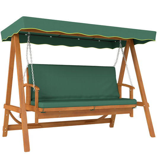 Outsunny 3 Seater 2-in-1 Wooden Garden Swing Seat Swing Chair, Outdoor Convertible Hammock Bench w/cushion, Furniture Lounger Bed, Dark Green