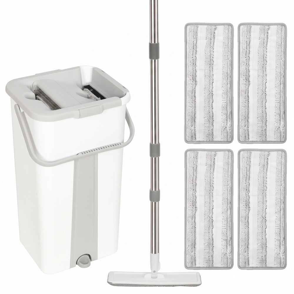 HOMCOM Mop and Bucket Set, Compact Flat Mop System with Wringer, 2-Chamber Design, 5 Reusable Pads, 127cm Handle, White