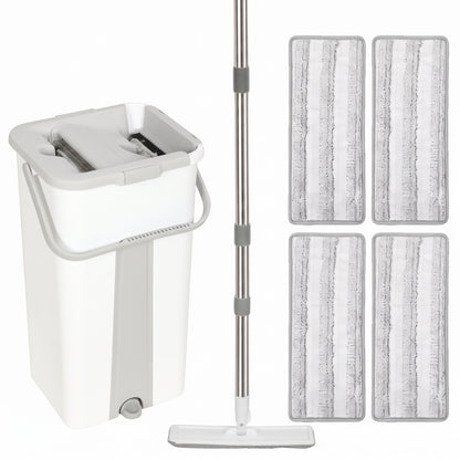 HOMCOM Mop and Bucket Set, Compact Flat Mop System with Wringer, 2-Chamber Design, 5 Reusable Pads, 127cm Handle, White