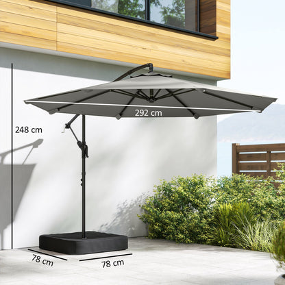 Outsunny 3 m Garden Cantilever Parasol with Cross Base, Sandbag, 360 degrees Rotating Overhanging Banana Umbrella, Grey