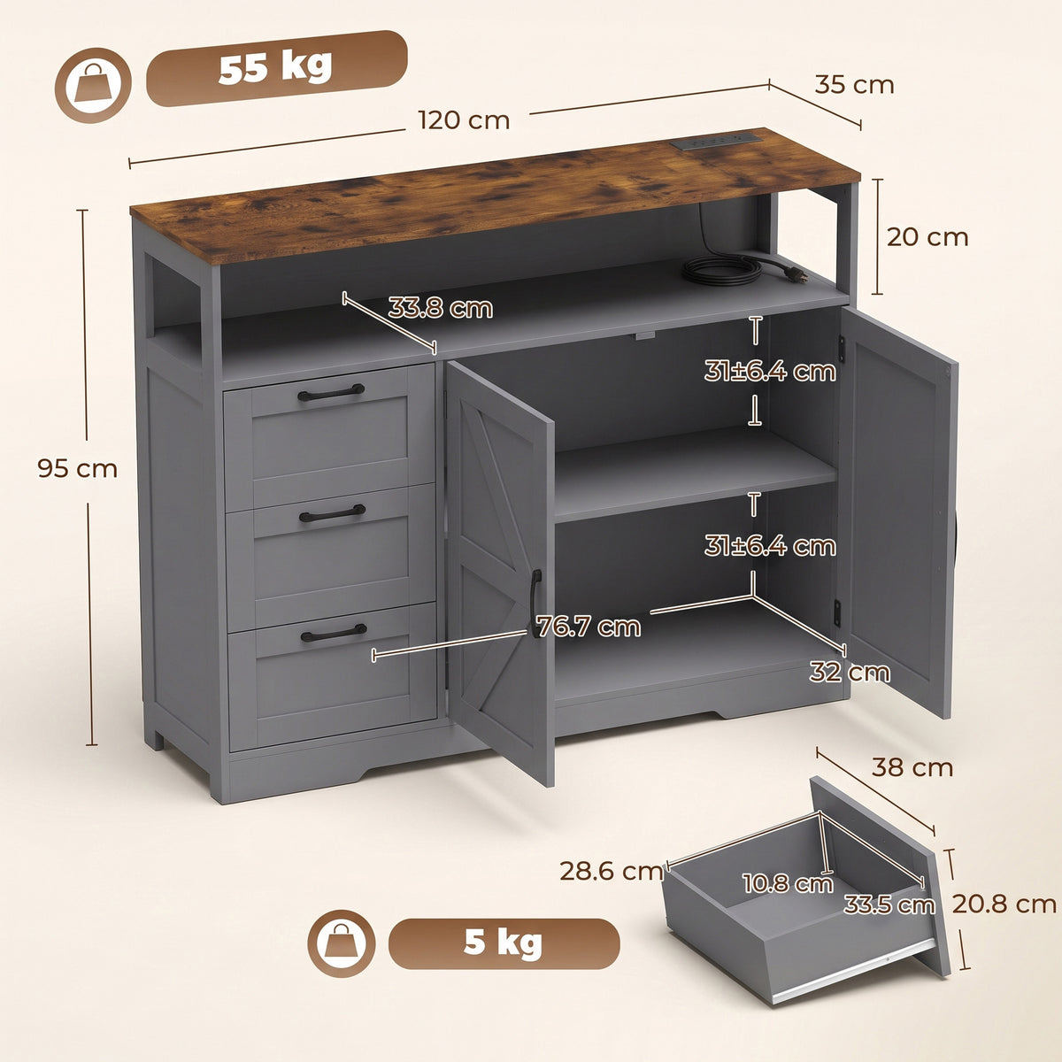 HOMCOM Sideboard Cabinet with Power Outlet, Farmhouse Kitchen Cabinet with 3 Drawers and Open Shelf, Grey