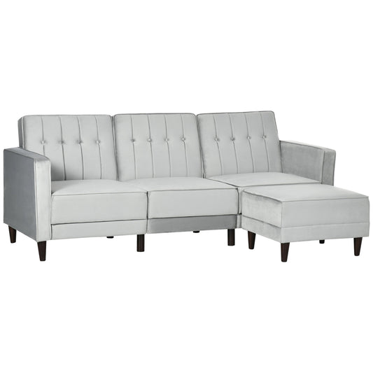 L Shape Sofa Bed Set with 3-Seater Sofa and Footstool, Corner Sofa Bed with Ottoman, Light Grey