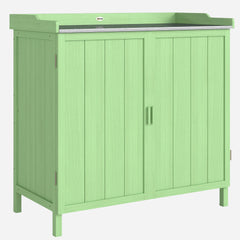 Outsunny Wood Garden Storage Cabinet, Outdoor Tool Shed, Potting Bench Table with galvanised Top and Two Shelves for garden Tools or Pool Accessories, Green