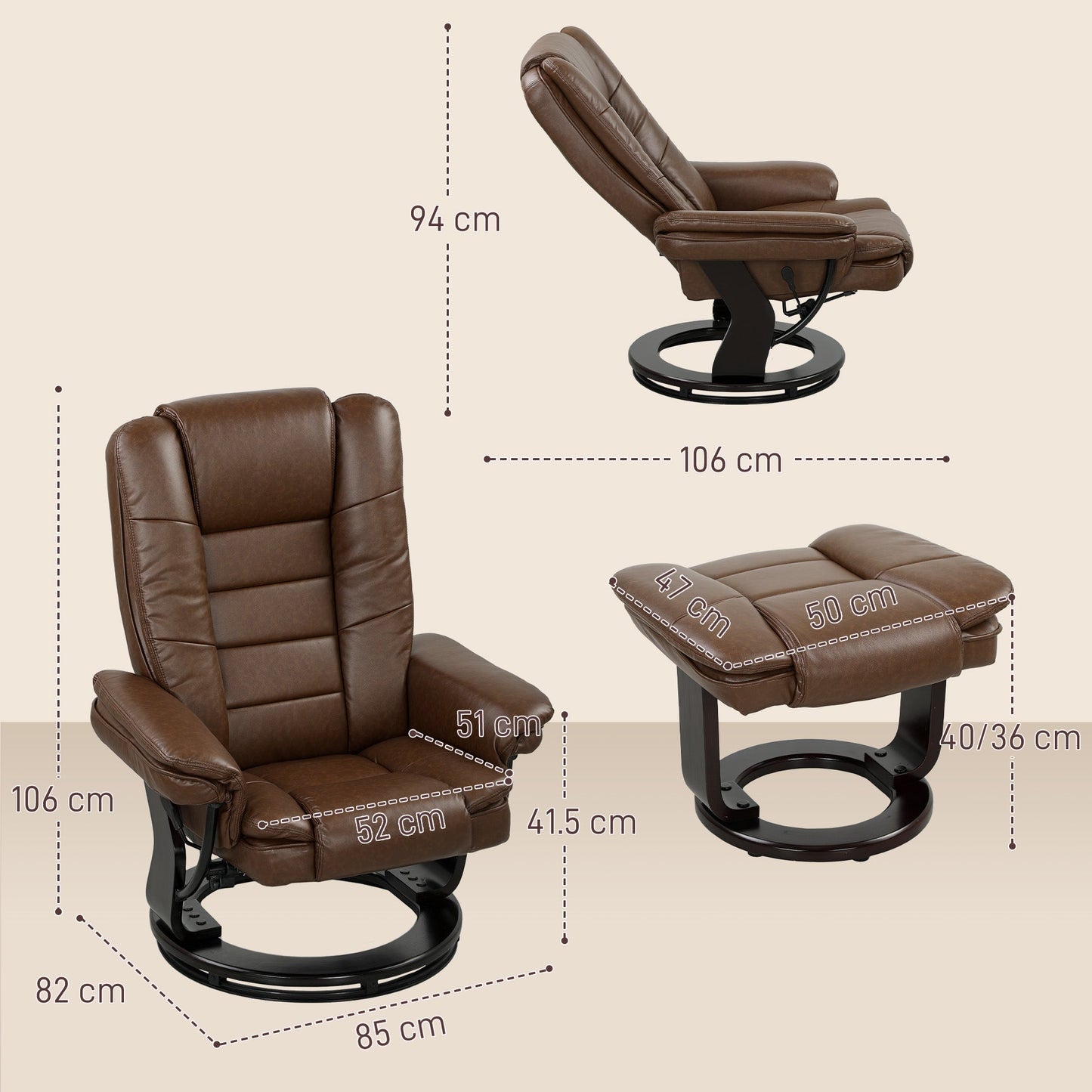 HOMCOM Faux Leather 135Â° Reclining Chair and Footstool - Brown