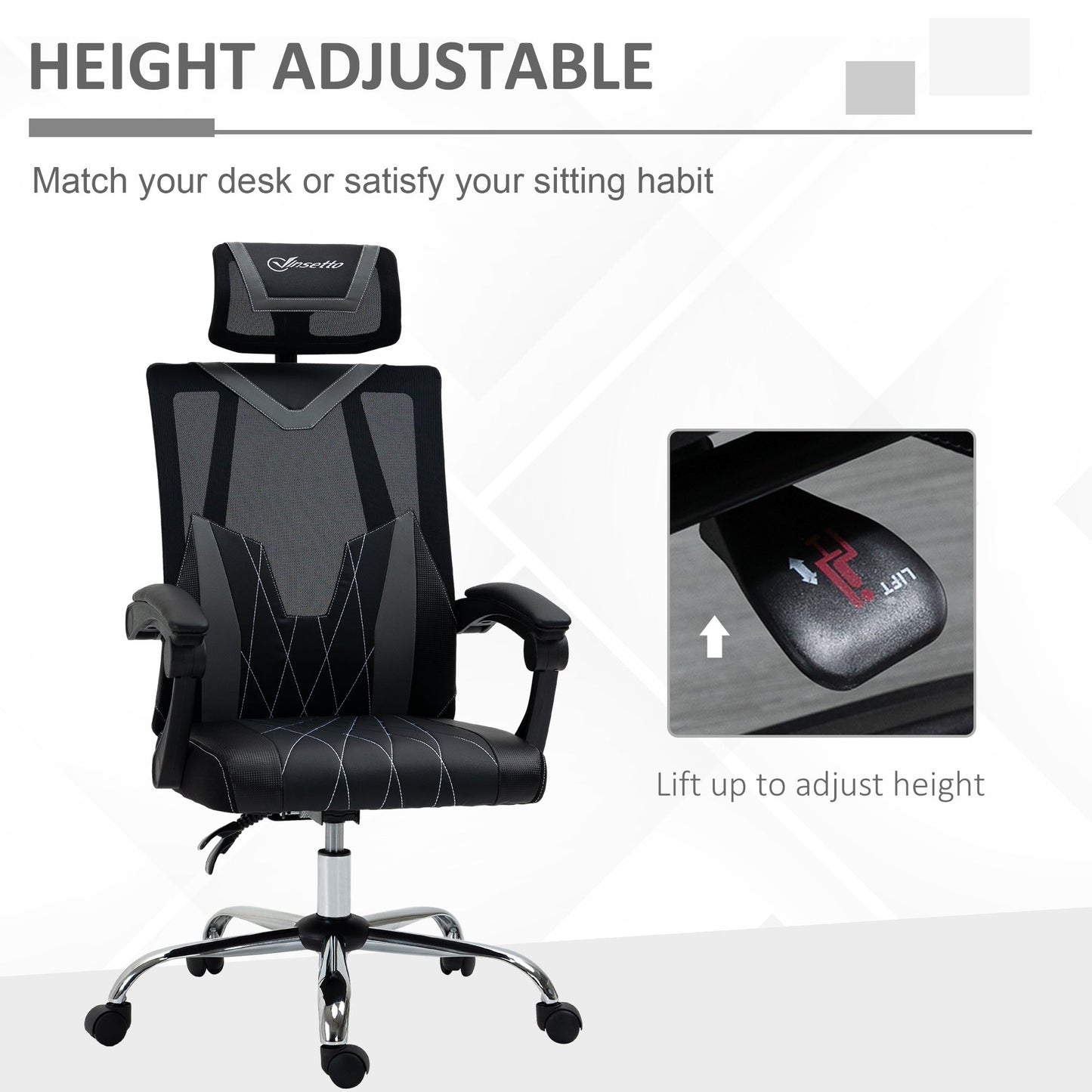 Vinsetto Office Chair Ergonomic Desk Chair with Rotate Headrest, Lumbar Support & Adjustable Height, 360° Swivel Computer Chair