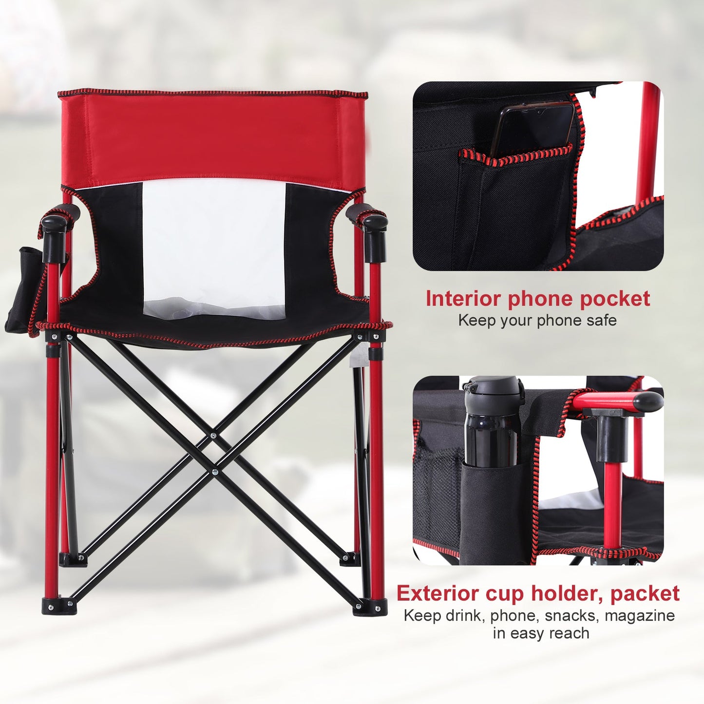 Outsunny Folding Fishing Camping Chair Portable Picnic Armchair Director Seat Oxford Metal Frame with Cup Holder, Phone Pocket - Red