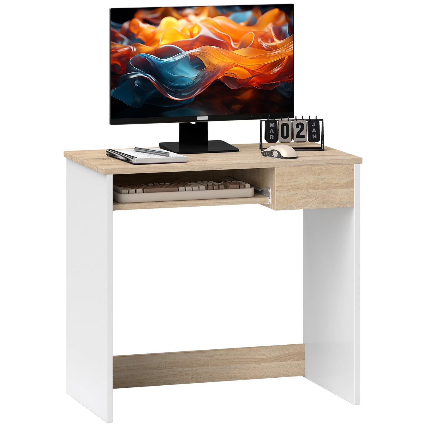 HOMCOM 80cm Compact Computer Desk with Keyboard Tray, Home Office Desk with Drawer for Bedroom Study, Oak