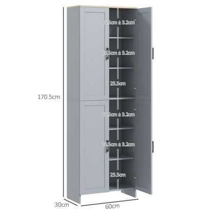 HOMCOM Freestanding Kitchen Cupboard, 4-Door Storage Cabinet with Adjustable Shelves, Modern Kitchen Pantry for Dining Room, 170cm, Grey