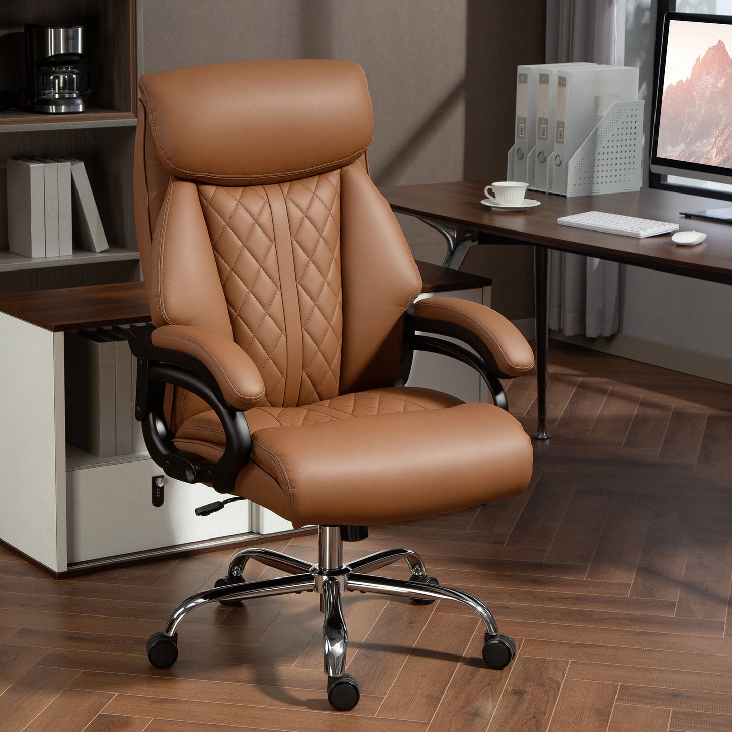 HOMCOM Spring Padded Faux Leather Office Chair - Light Brown