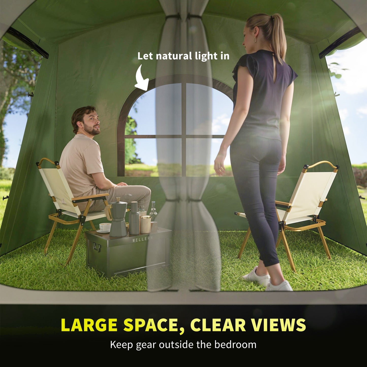 Outsunny 4 Man Tunnel Tent, Family Camping Tent with Porch, Bedroom and Living Area, Sewn in Groundsheet, 3000mm Waterproof, Portable with Bag for Hiking, Festival, Backpacking, Green