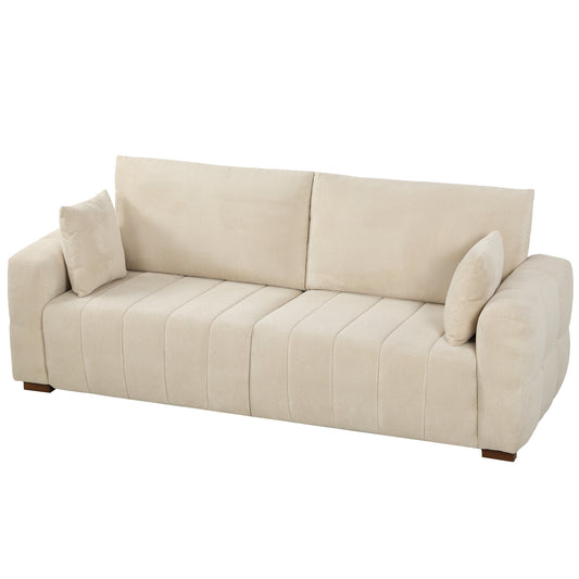 HOMCOM 3 Seater Sofa, Upholstered Velvet Couch for Bedroom with Pillows, Padded Cushion and Wood Legs, Cream White