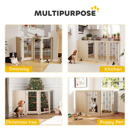 PawHut 4 Panel Freestanding Pet Gate, Indoor Dog Barrier with Lockable Door, Support Feet, 360Â° Flexible Hinges, Oak