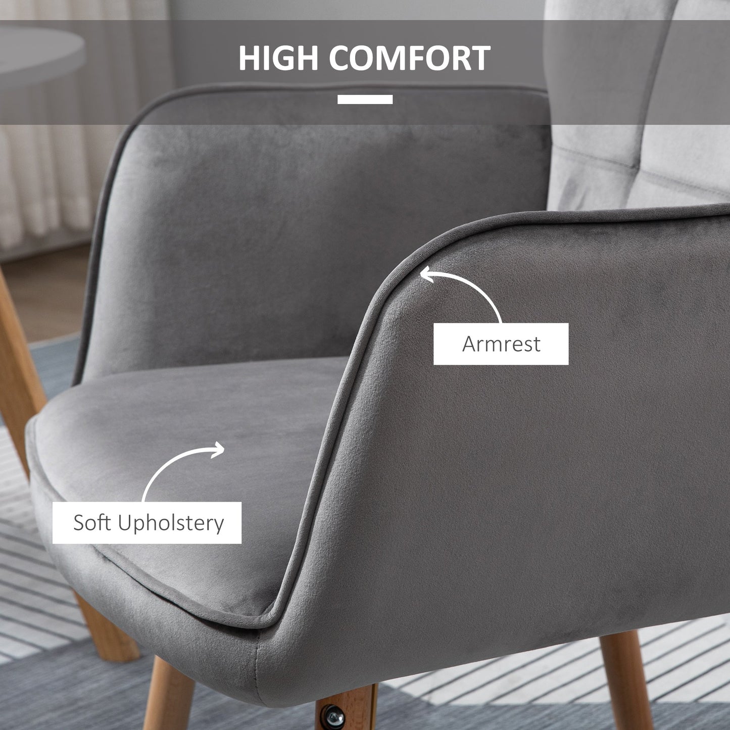 HOMCOM Modern Accent Chair, Upholstered Tufted Wingback Armchair with Seat Padding, Velvet Leisure Lounge Bedroom Chair with Wood Legs, Grey