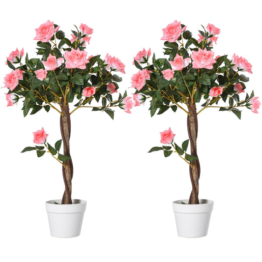 Outsunny Set of 2 Artificial Plants Pink Rose Floral in Pot, Fake Plants for Home Indoor Outdoor Decor, 90cm