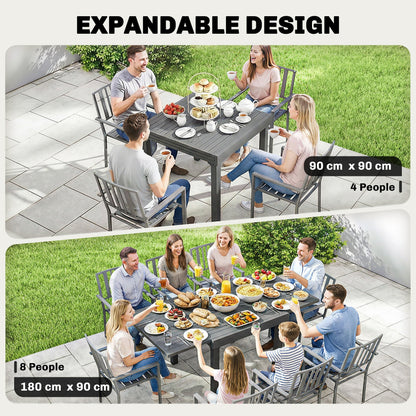 Outsunny Extending Garden Table for 4-8 People, Aluminium Outdoor Dining Table with Slatted Top, Dark Grey