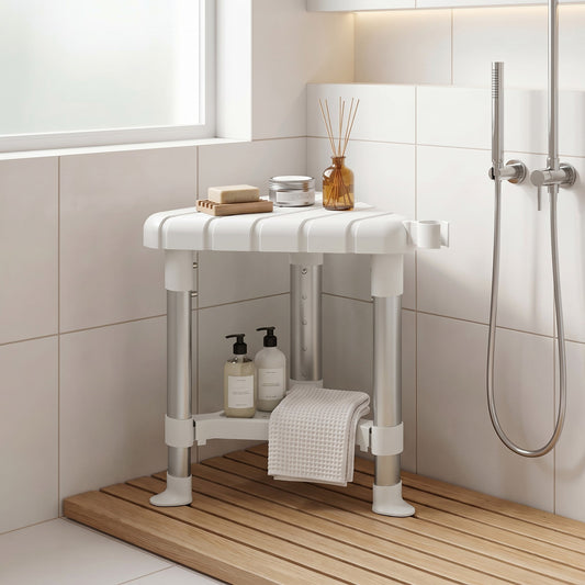 HOMCOM Shower Stool, Aluminium Alloy Corner Shower Chair with Storage Shelf and HDPE Seat, Adjustable Height, White