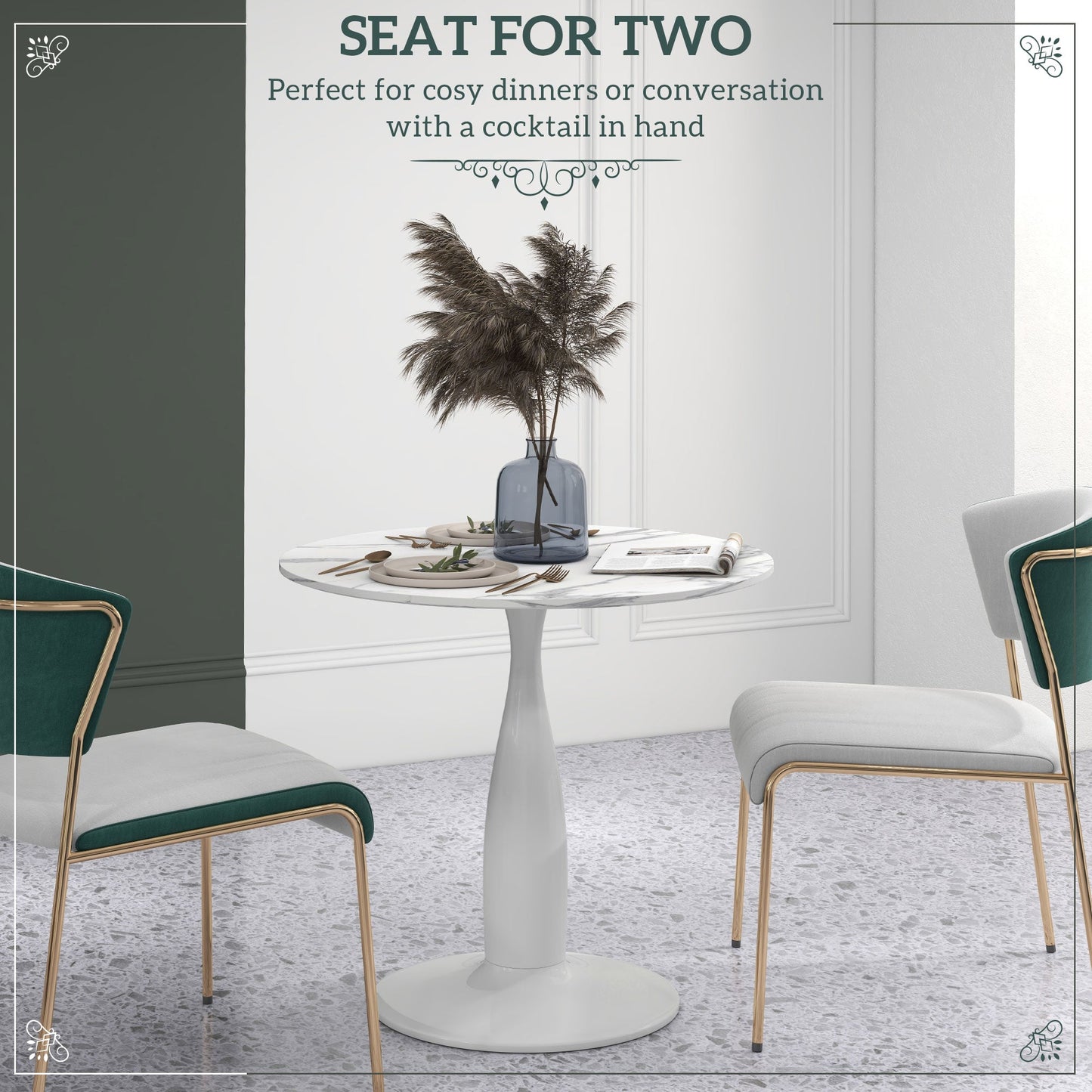 HOMCOM Small 2-Person Dining Table, Elegant Design Table with Steel Base and Non-slip Foot Pad, White and Grey