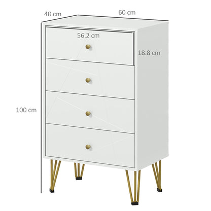 HOMCOM Tall Chest of Drawers, 4-Drawer Dresser for Bedroom, Modern Storage Cabinets with Hairpin Legs, White