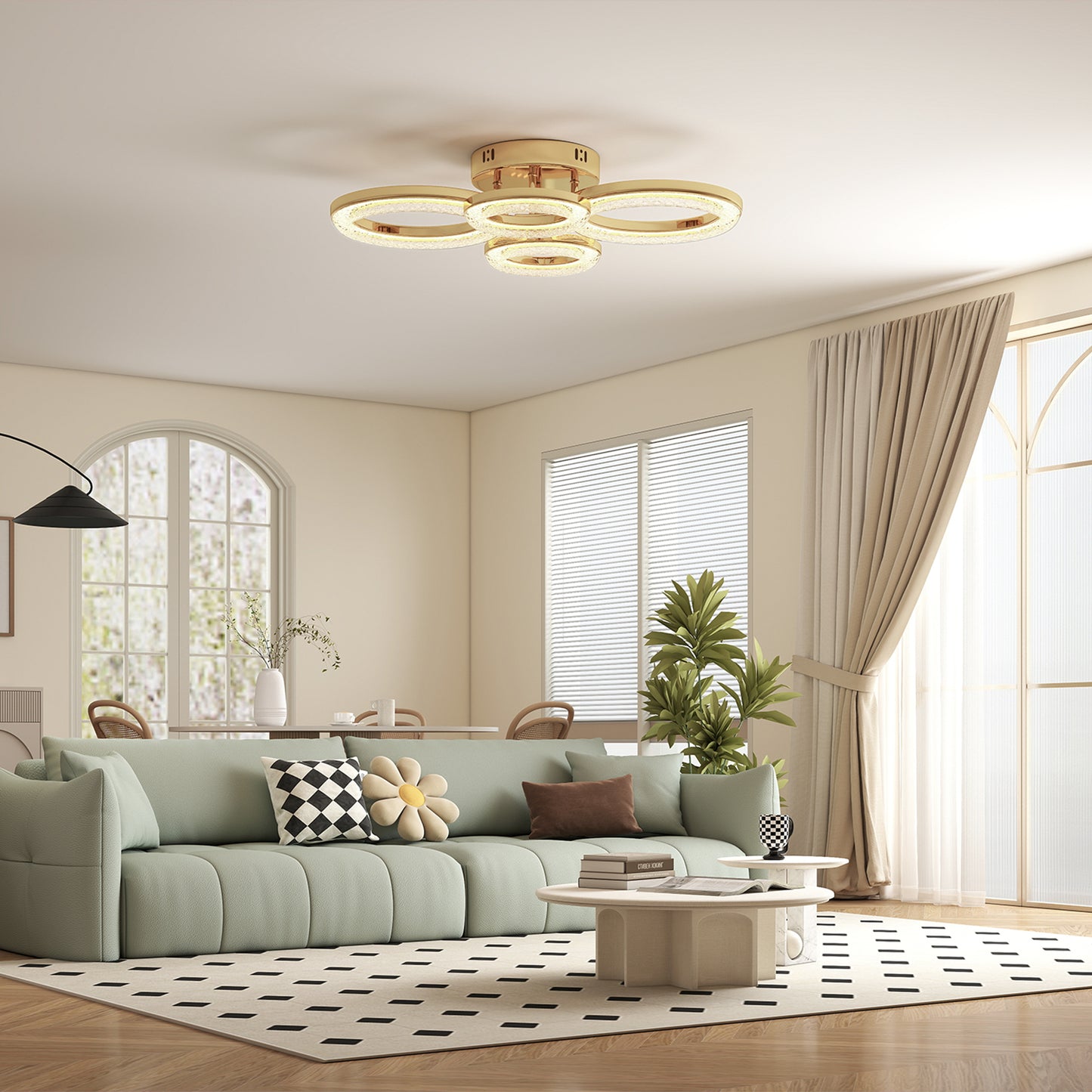 HOMCOM LED Ceiling Light, Modern 4 Rings Ceiling Lamp with Wall Switch Control, 40W 4350lm Flush Mount Ceiling Light with 3500K/4500K/6000K Colour Temperatures for Living Room, Bedroom, Gold Tone