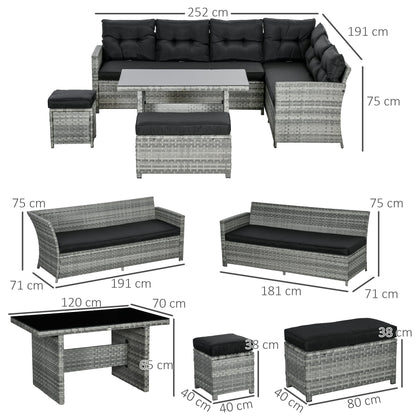 Outsunny 5-Piece Rattan Patio Furniture Set with Corner Sofa, Footstools, Glass Coffee Table, Cushions, Mixed Grey