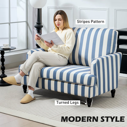 HOMCOM Modern Cuddle Chair, Velvet Single Sofa Armchair with Stripe, Turned Legs and Wide Seat, Upholstered Snuggle Chair for Living Room, Bedroom, Blue and White