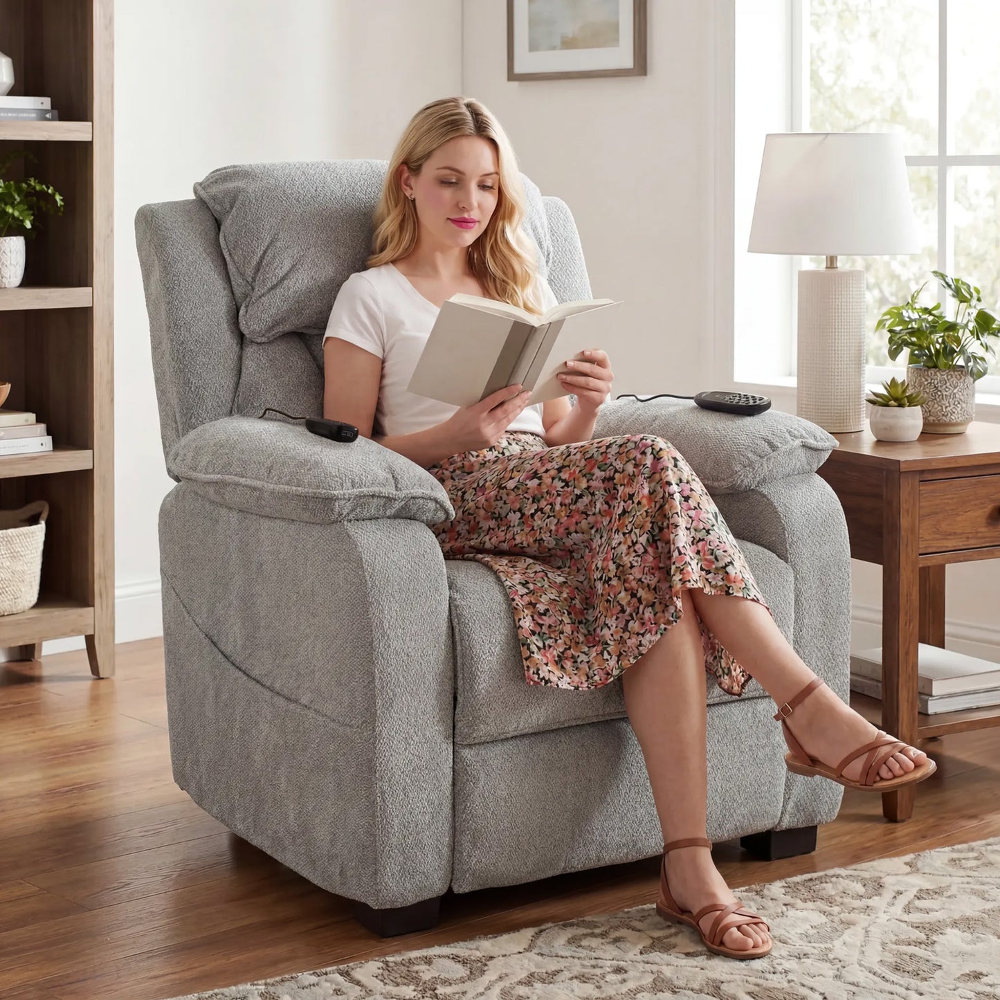HOMCOM Power Recliner Armchair with Massage and Heat, Electric Reclining Chair with Wide Spring Seat, Light Grey