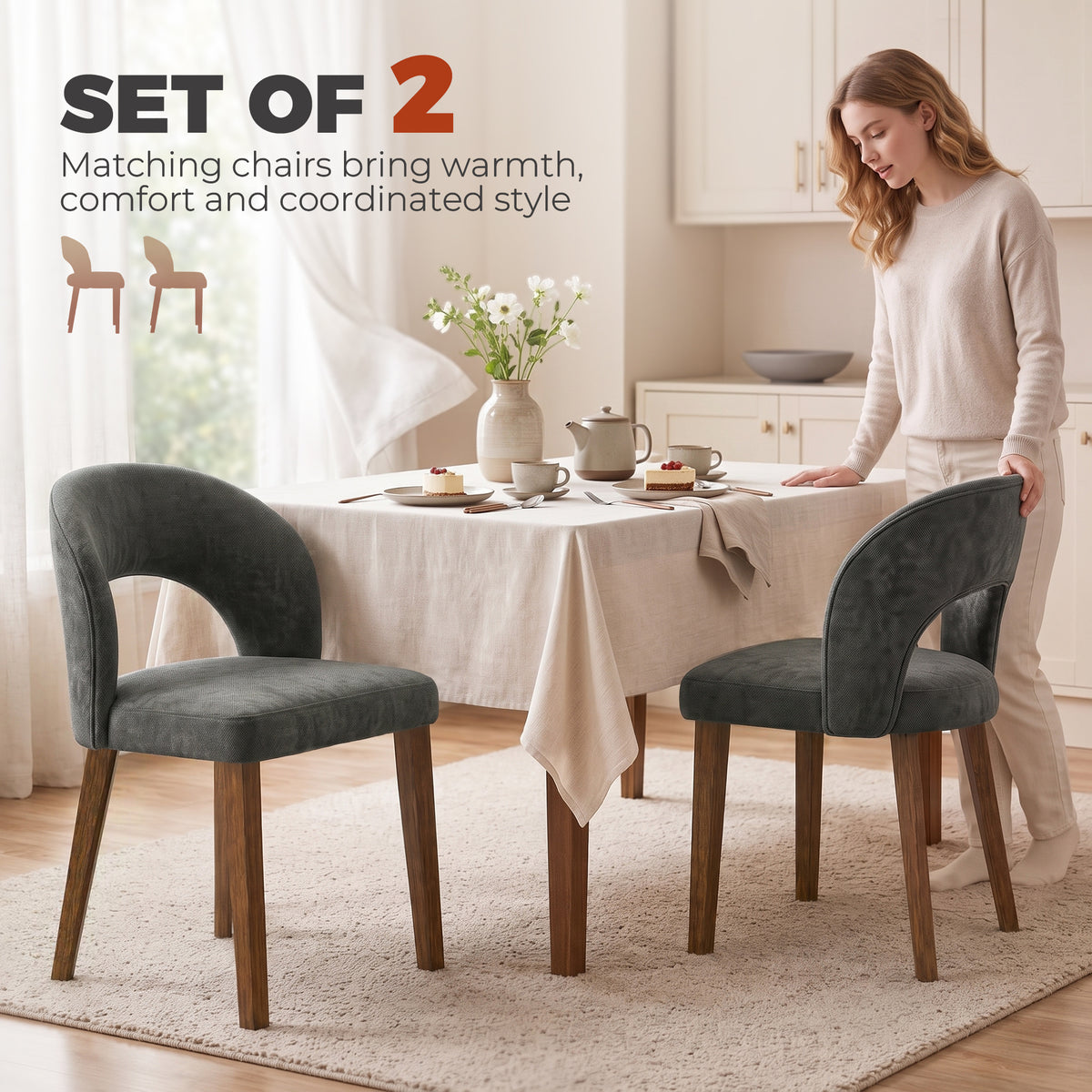 HOMCOM Modern Dining Chairs Set of 2, Chenille Upholstered Ergonomic Kitchen Chairs with Thick Padded Seat, Backrest Dark Grey