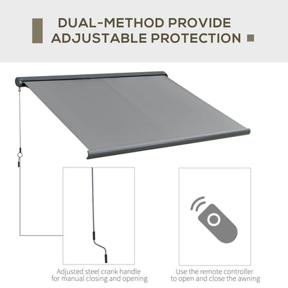 Outsunny 3.5x3m LED Light Full Cassette Case Electric/Manual Awning Door Window Sun Shade Patio Canopy Retractable w/ Remote Grey