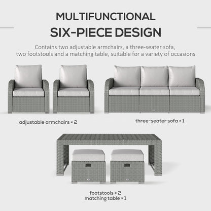 Outsunny Six-piece Outdoor Rattan Dining Set, Outdoor Sofa Set with Reclining Armchairs and Mental Frame, Grey