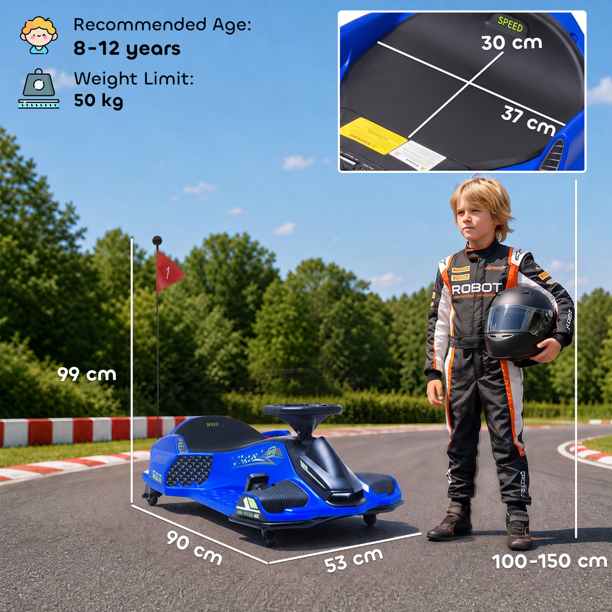HOMCOM 12V Kids Electric Go Kart, Ride on Drift Car with 2 Speeds, Soft Start, Music, Colourful LED Lights for Ages 8-12, Blue