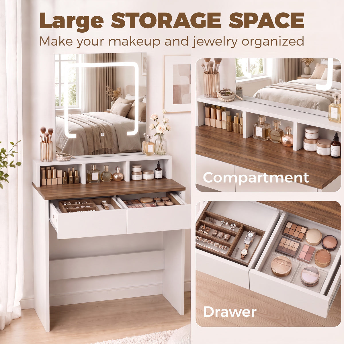 HOMCOM Vanity Table, Dressing Table with Mirror, LED Lights, 2 Drawers, 3 Compartments, 3 Colour Lighting, Walnut