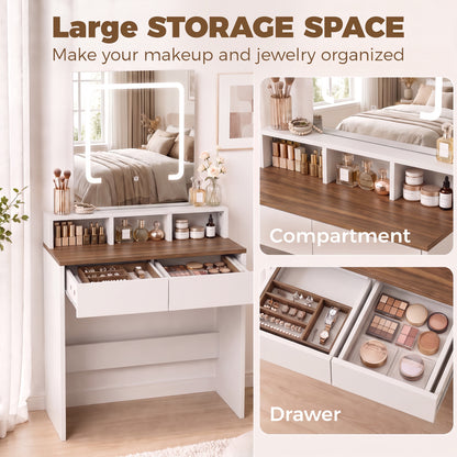 HOMCOM Vanity Table, Dressing Table with Mirror, LED Lights, 2 Drawers, 3 Compartments, 3 Colour Lighting, Walnut