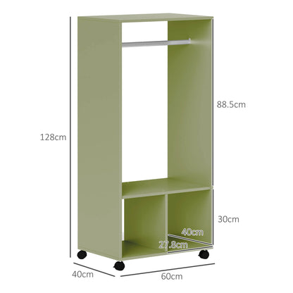 HOMCOM Open Wardrobe on Wheels, Bedroom Wardrobe with Clothes Hanging Rail, 2 Storage Shelves, Mobile Garment Rack for Cloakroom, Hallway, Green