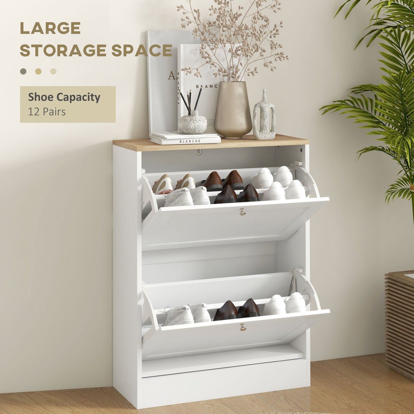 HOMCOM Two Flip Drawer Shoe Cabinet - White