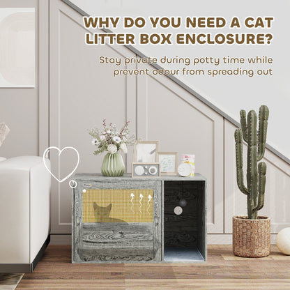 PawHut Cat Litter Box Enclosure with Rattan Door, Scratching Mat, Toy Ball, Non-Slip Foot Pads, Grey