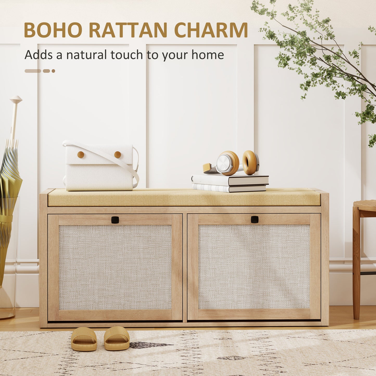 HOMCOM Rattan Shoe Bench with Padded Cushion and 2 Cabinets for Hidden Storage, Oak Wood Effect