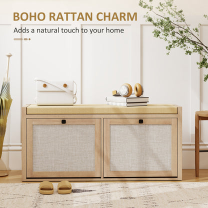 HOMCOM Rattan Shoe Bench with Padded Cushion and 2 Cabinets for Hidden Storage, Oak Wood Effect