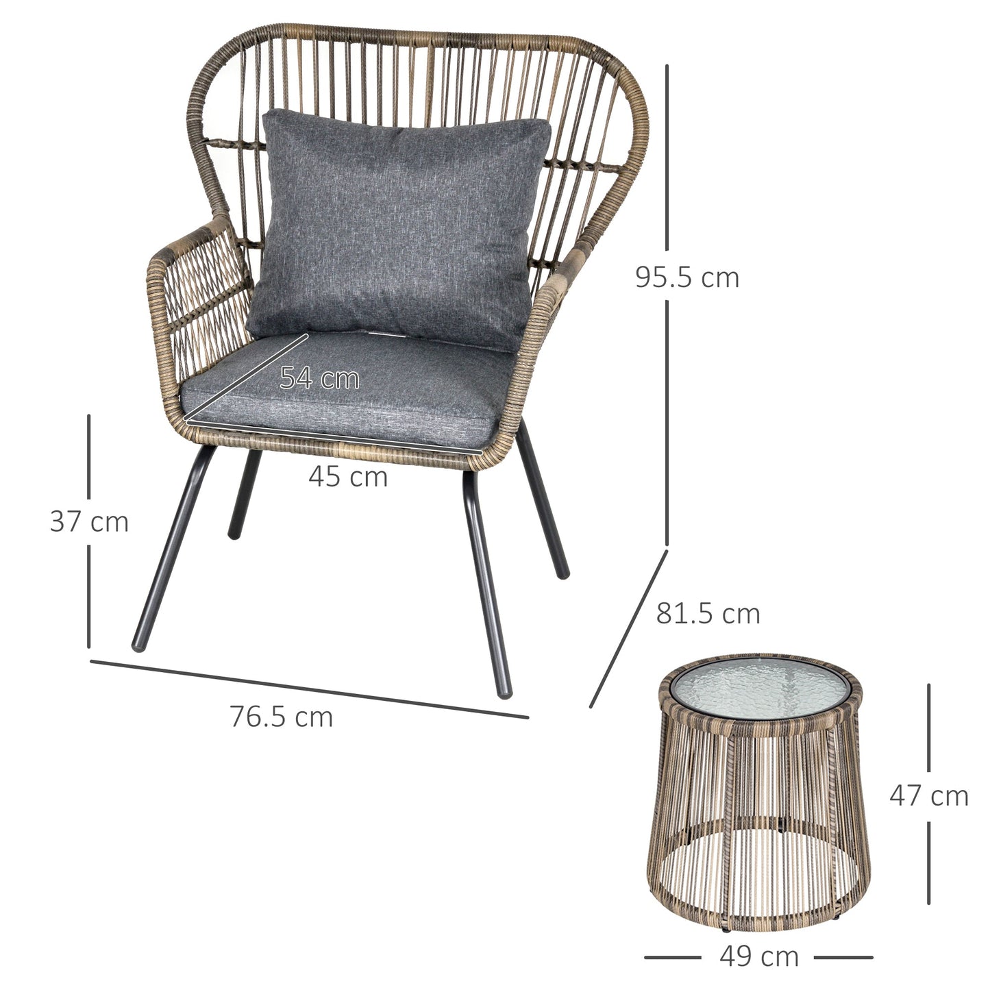 Outsunny 3 Pieces Rattan Bistro Set, Wicker Garden Furniture Set with Cushions, Glass Top Coffee Table and Chairs for Outdoor, Patio, Balcony, Grey