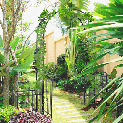 Outsunny Metal Garden Arbor Arch with Double Doors, 2 Side Planter Baskets, Climbing Vine Frame, Black