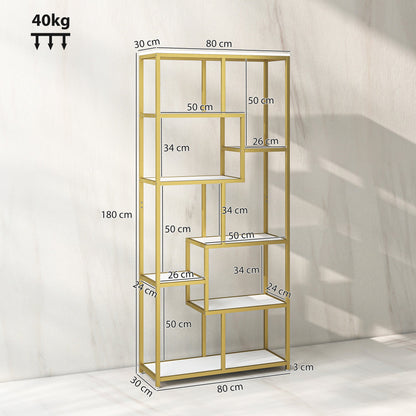 HOMCOM Seven-Tier Geometric Bookcase - White/Gold Tone