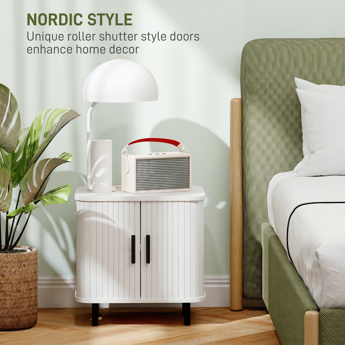 HOMCOM Nightstand with Sliding Doors and Metal Legs White Wood Effect