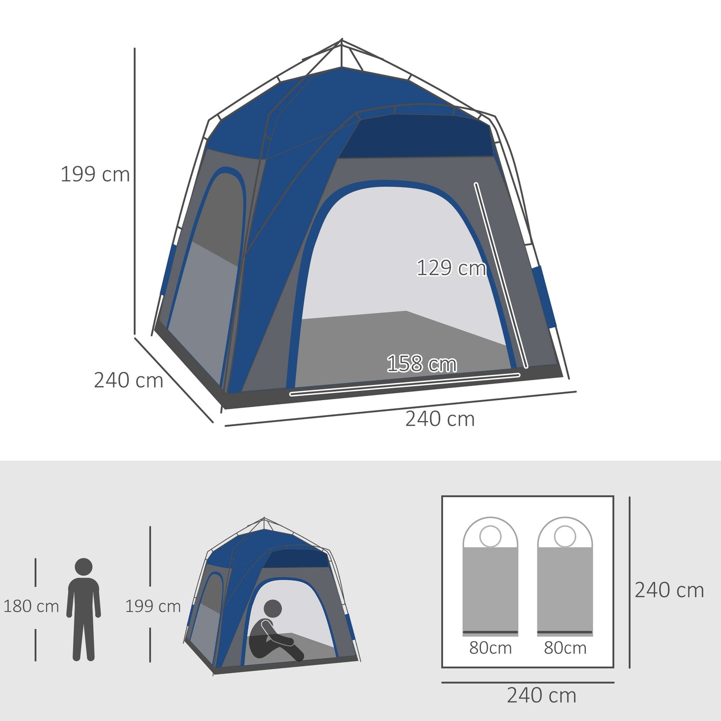 Outsunny 4 Person Automatic Camping Tent, Outdoor Pop Up Tent, Portable Backpacking Dome Shelter, Grey