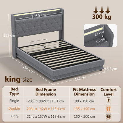 HOMCOM 4ft6 Double Bed Frame with Headboard, Platform Bed Frame with Hydraulic Storage, LED Lights and Charging Station, Grey