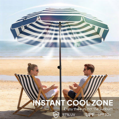 Outsunny 1.8 m Beach Umbrella Parasol with Sand Anchor, Portable 30° Tilting Patio Sun Shade with Adjustable Height, Blue/White