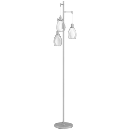 HOMCOM 3-Light Floor Lamp, 170cm Industrial Dimmable Standing Lamp with Steel Wire Cage Lampshades for Living Room, Bedroom, Dining Room, Study, Silver Tone