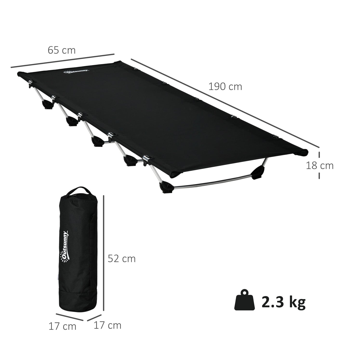 Outsunny Lightweight Camping Bed, Aluminium Portable Camp Cot w/ Strong Support 150kg and Carry Bag for Camping, Black